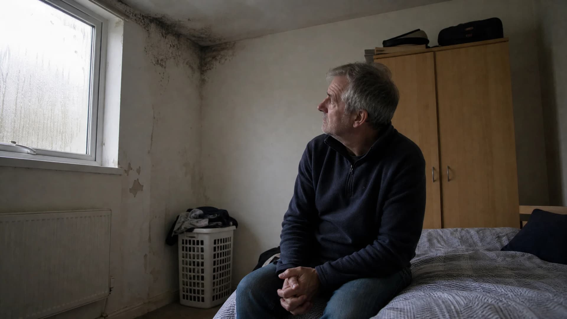 A tenant sitting on his bed looking up at black mould in the corner of a rented bedroom