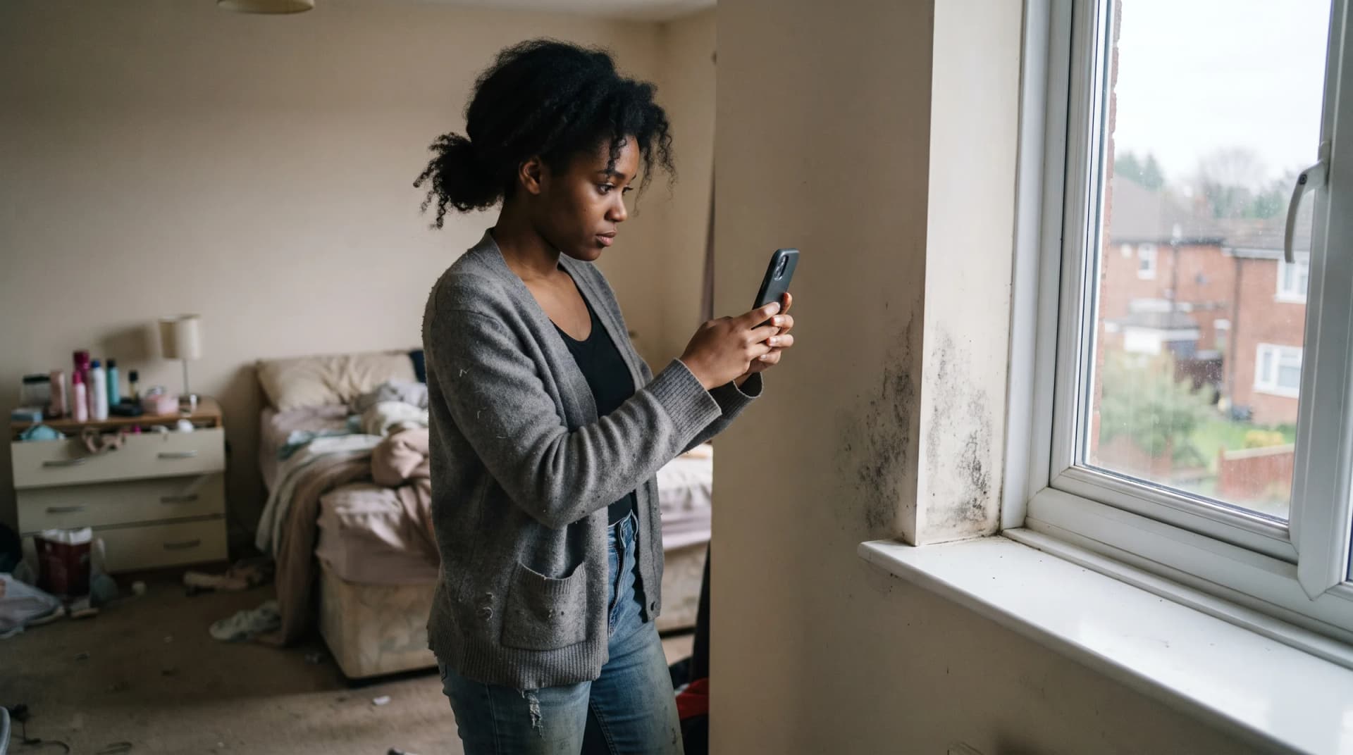 A tenant photographing black mould beside a bedroom window on her phone as evidence of housing conditions