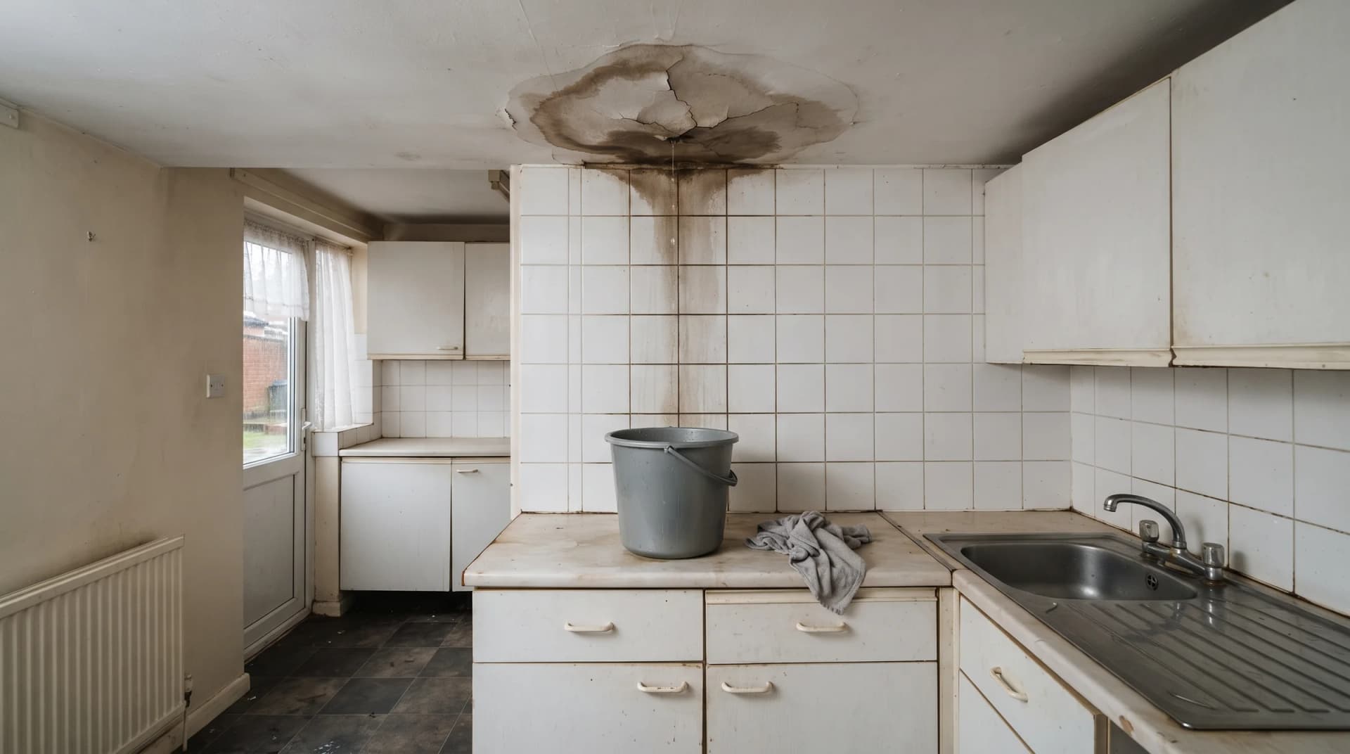Water stain and cracked plaster on a kitchen ceiling above a bucket, an example of housing disrepair in a rented home