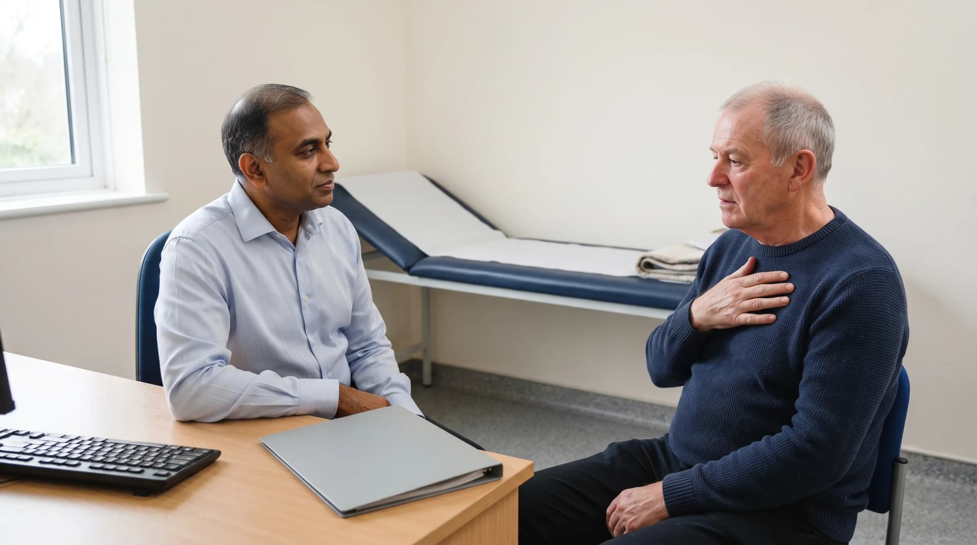 A GP listening to an older patient describe a cough, the starting point for medical evidence in a housing disrepair claim