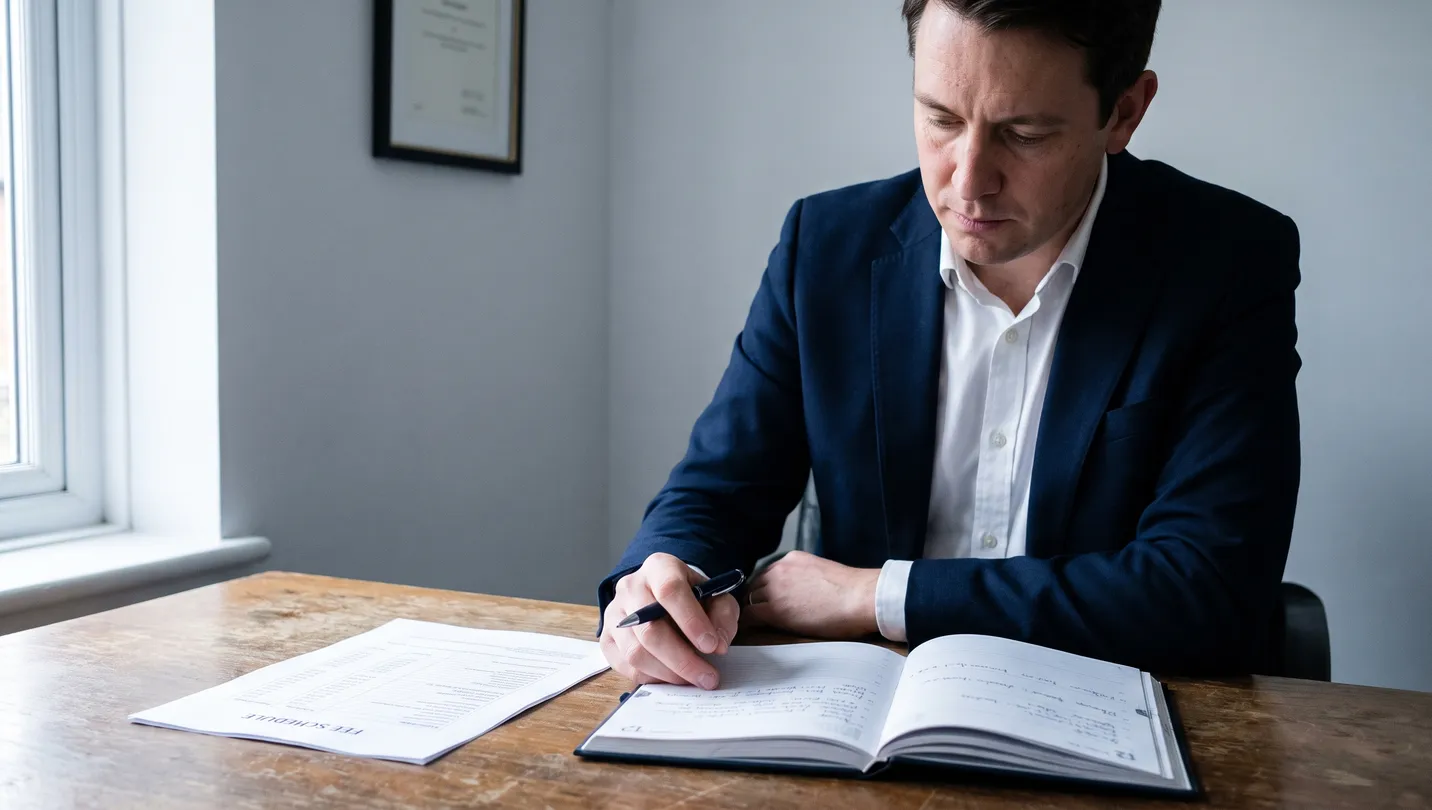 A solicitor checking an instruction timetable against a printed fee schedule