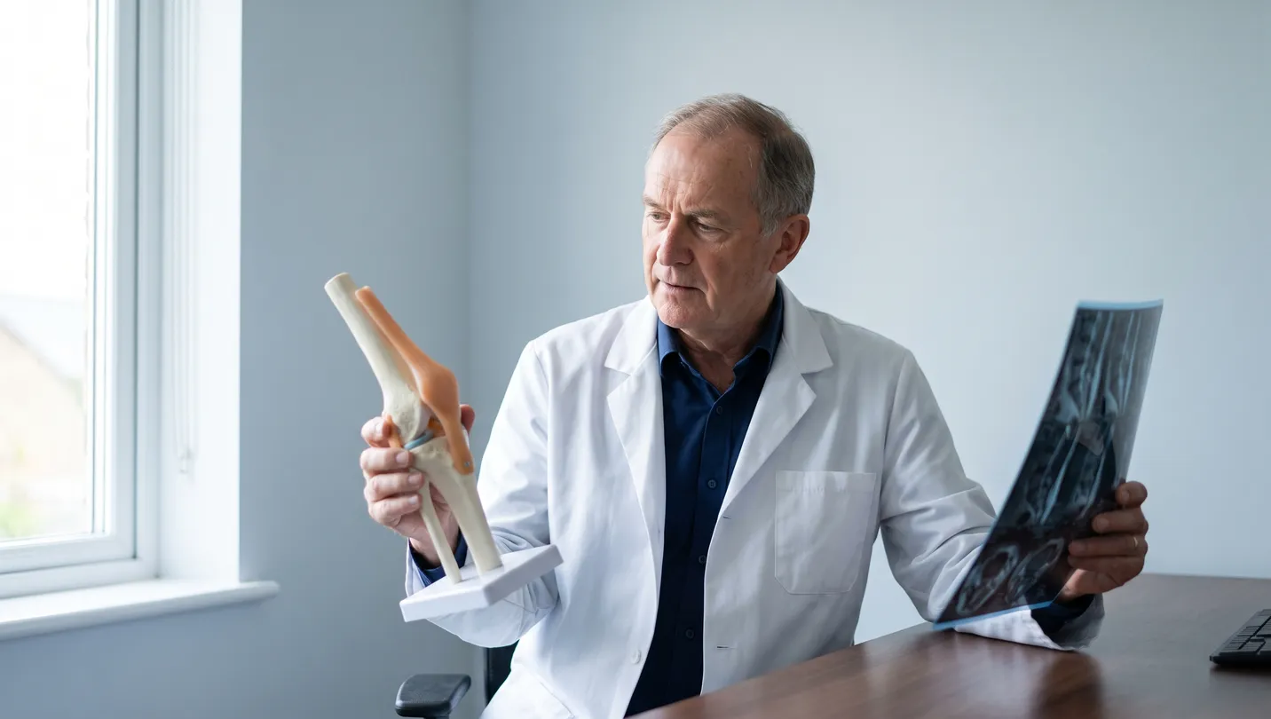 An orthopaedic consultant comparing a knee joint model against an MRI film of the same joint