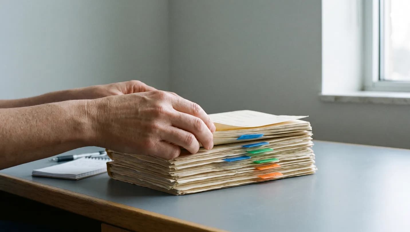 A thick bundle of medical records being indexed with coloured tabs before it goes to the expert