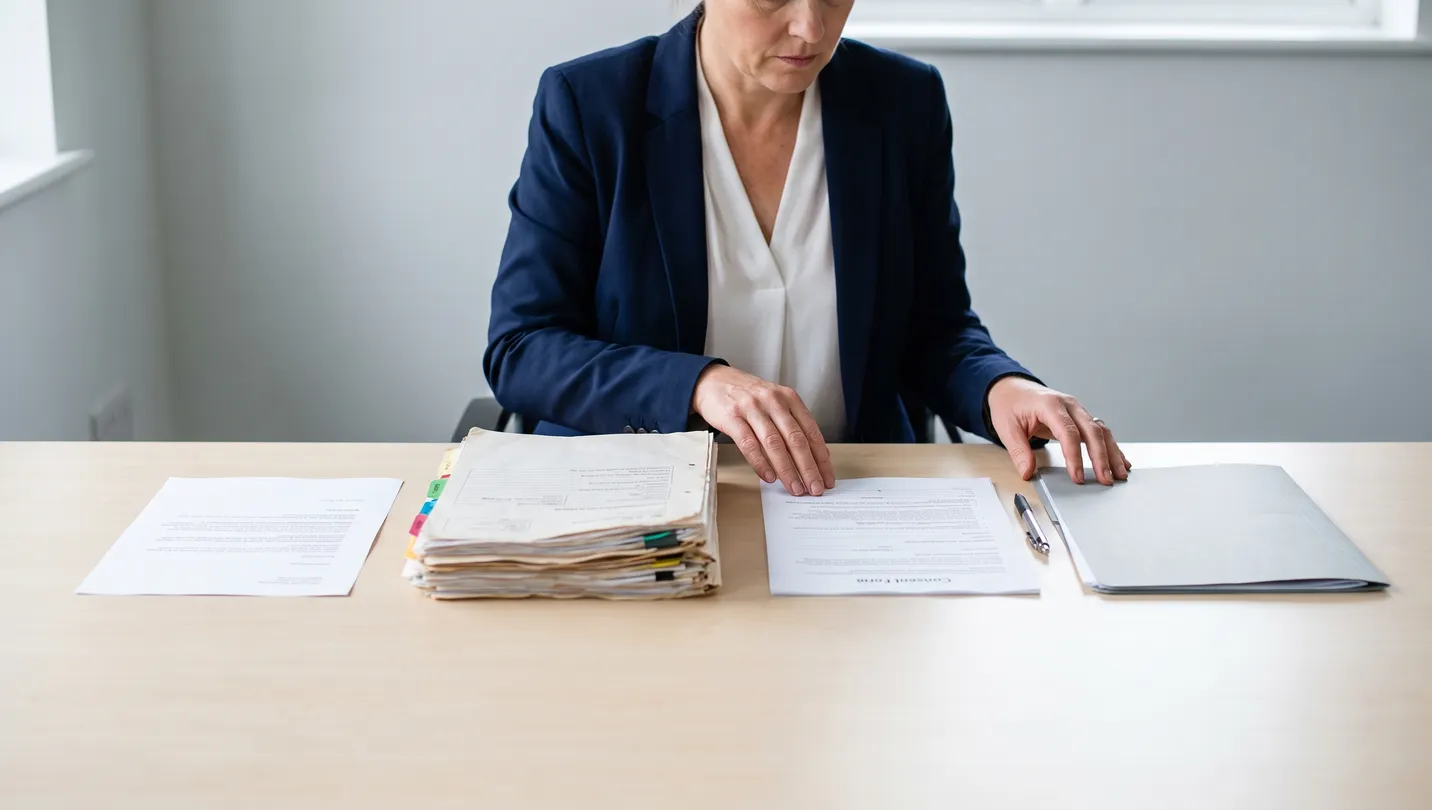 A covering letter, an indexed records bundle and a case folder laid out ready for a medical expert instruction