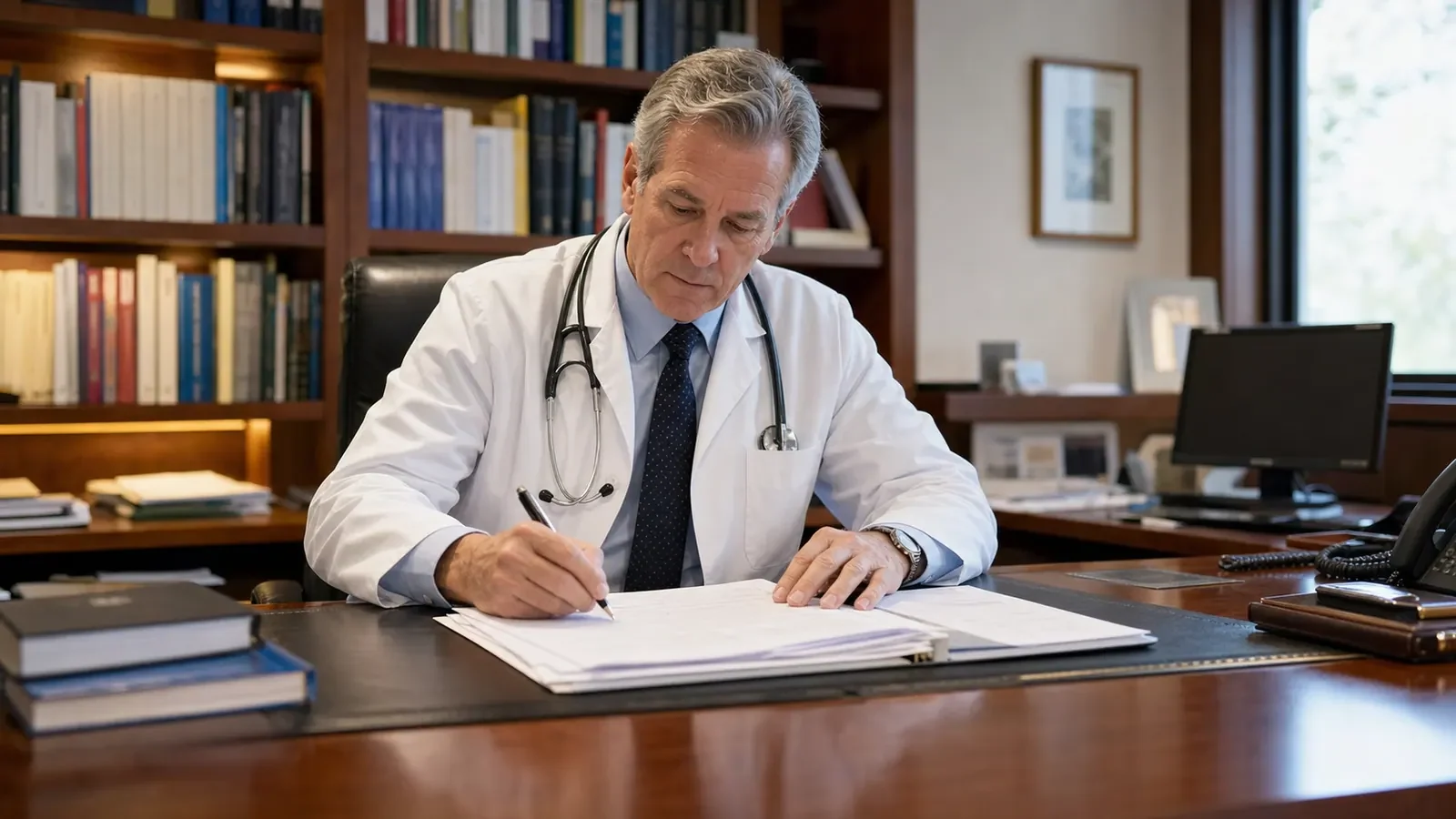 A clinician writing an independent medico-legal report at his desk