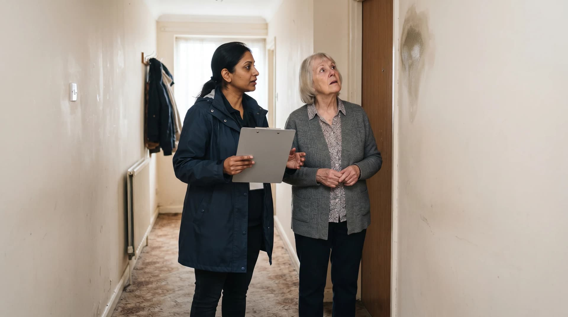 A housing officer and an older tenant looking at a damp patch on a hallway wall during an inspection of a rented flat
