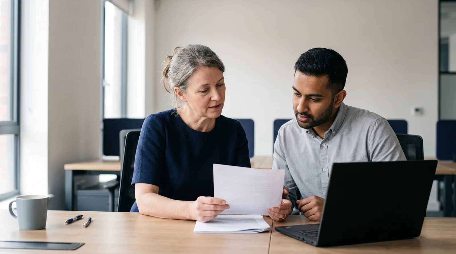A woman and a man reading a printed sheet together at a desk, illustrating a review of the authorised user agreement