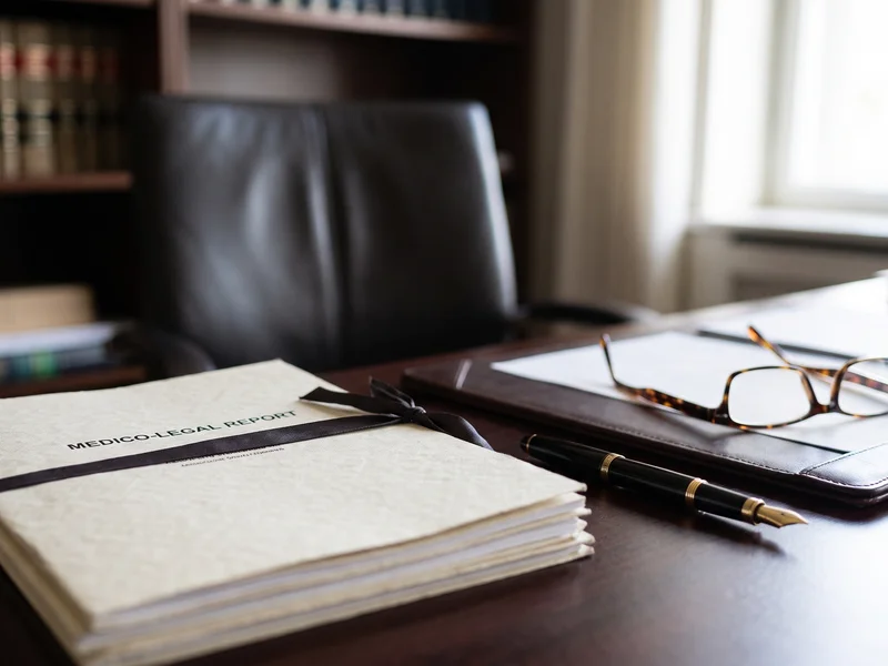 Close-up of medico-legal report documents, a pen and reading glasses on a professional desk
