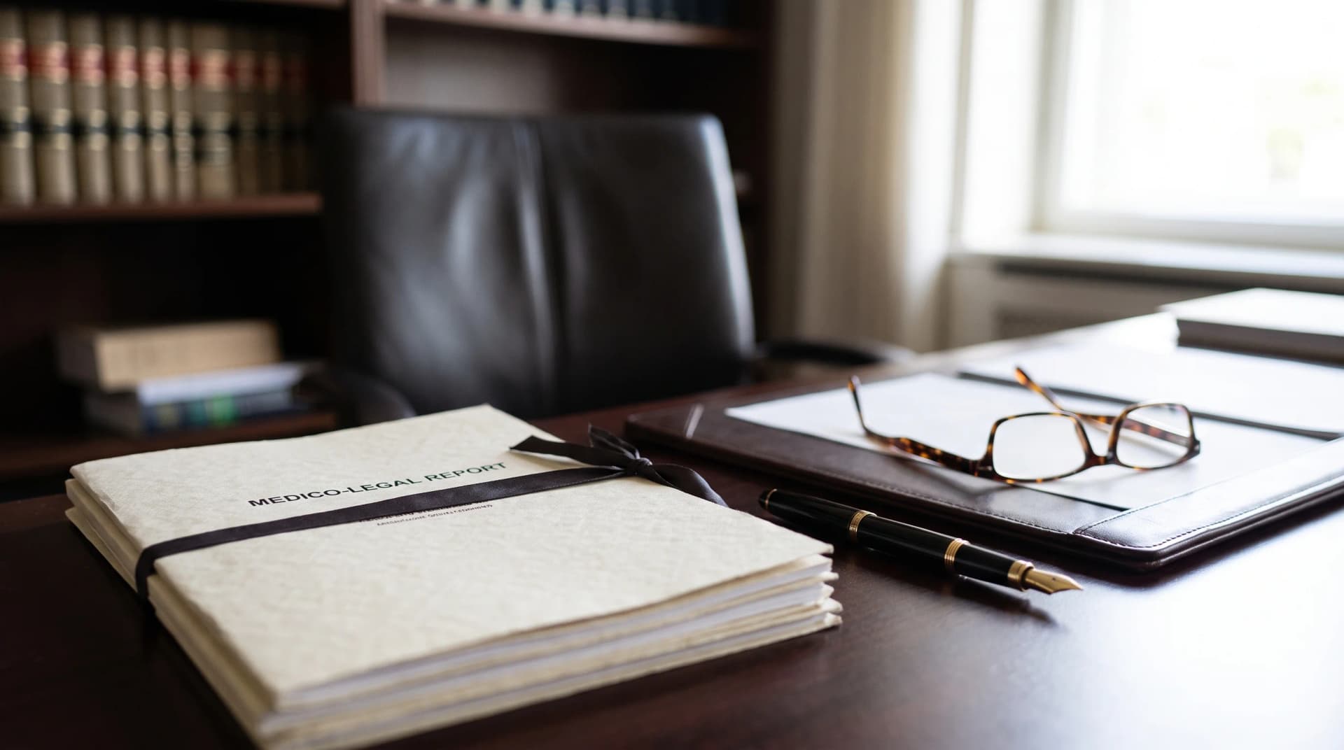 Close-up of medico-legal report documents, a pen and reading glasses on a professional desk