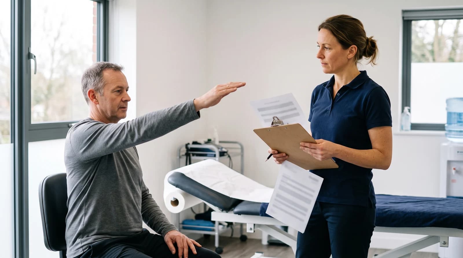 A physiotherapist with a clipboard watching a seated man raise his arm during a shoulder assessment