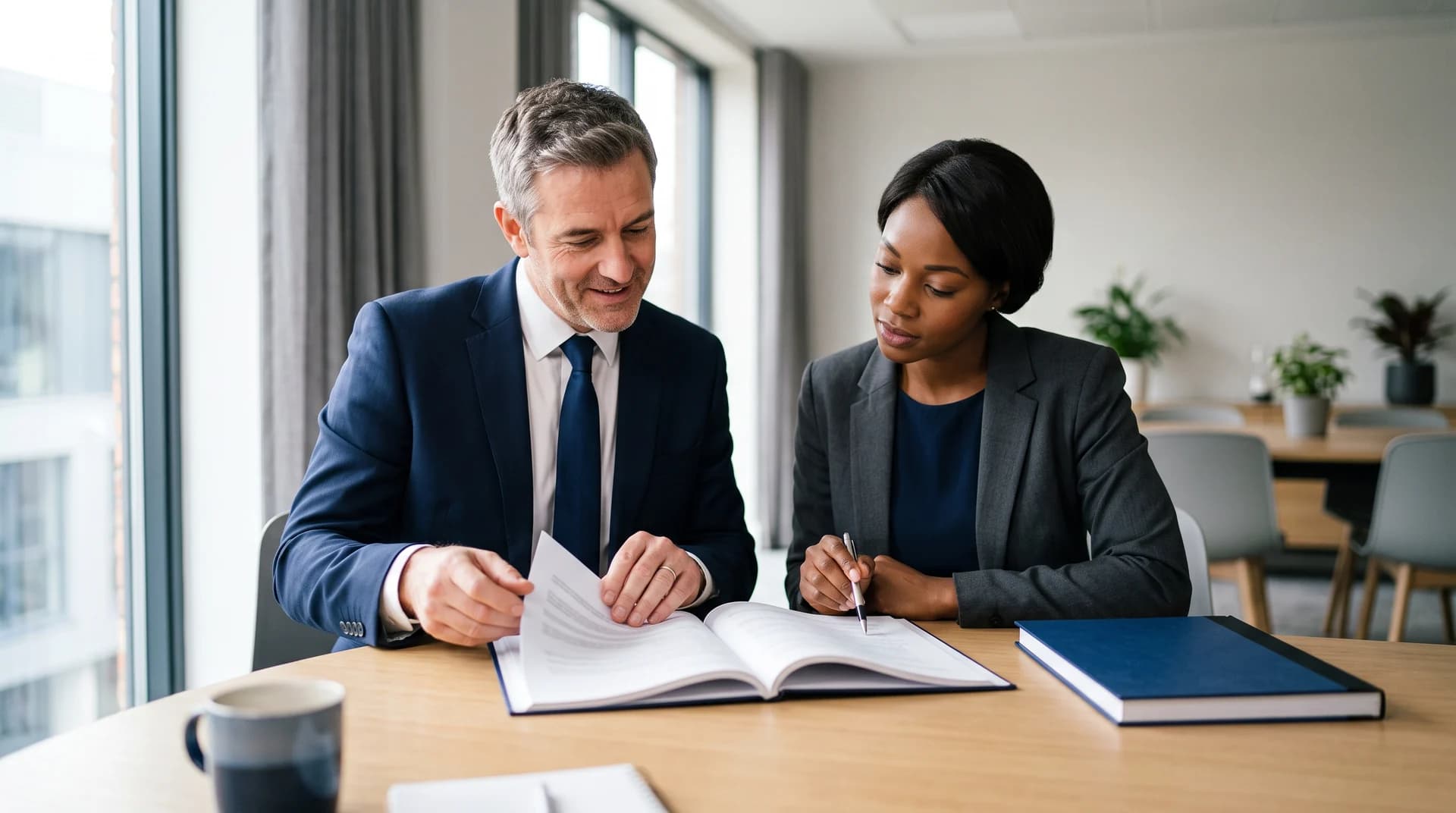 A man and a woman reading a bound document at a meeting table, illustrating a review of the MedCo user agreement changes