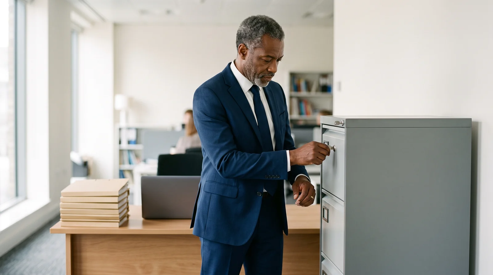 A man turning a key in the lock of a steel filing cabinet