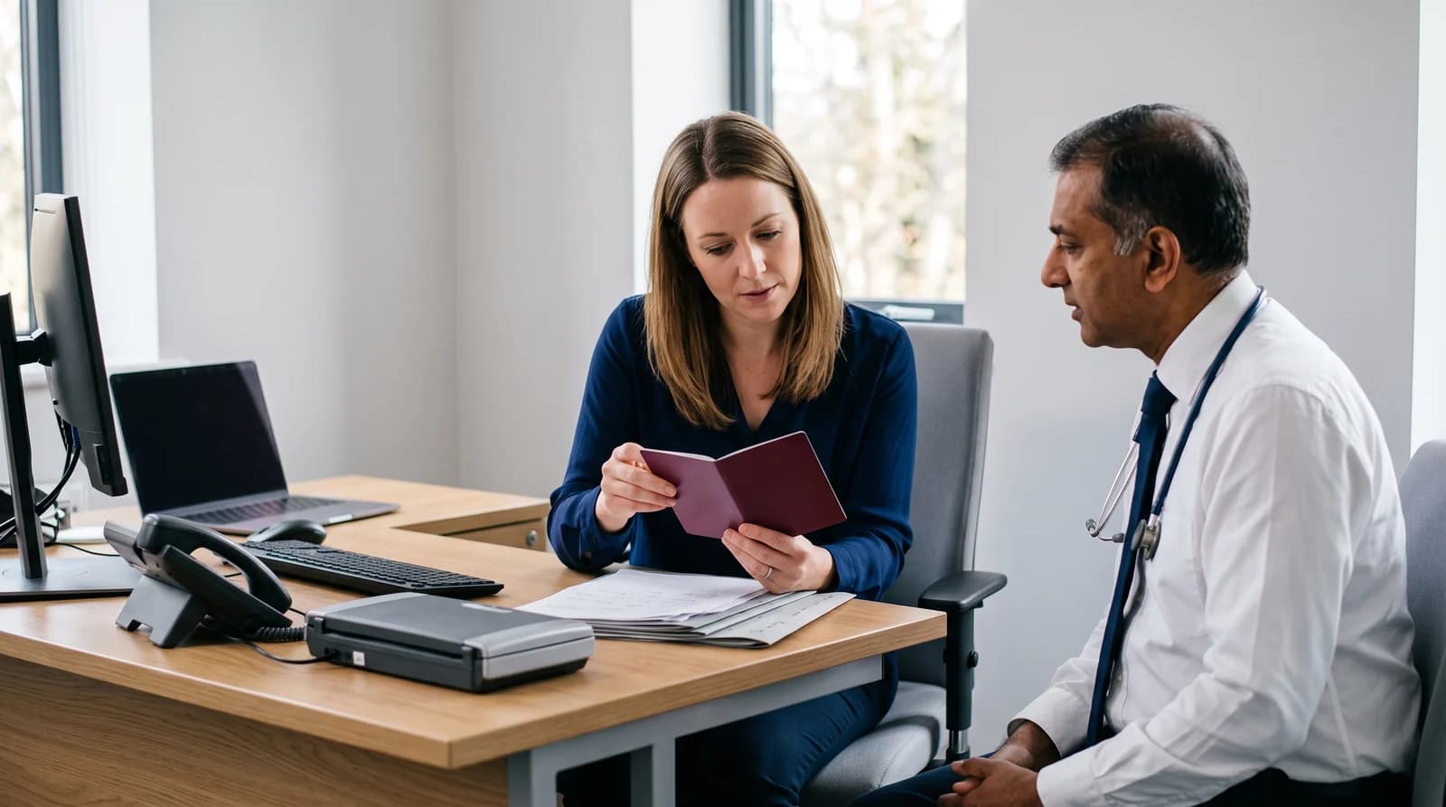 A woman examining an open passport at a desk opposite a man wearing a stethoscope, illustrating a right to work check