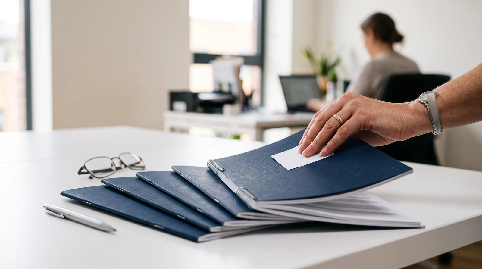 A hand placing a blank page marker on five bound documents with navy covers
