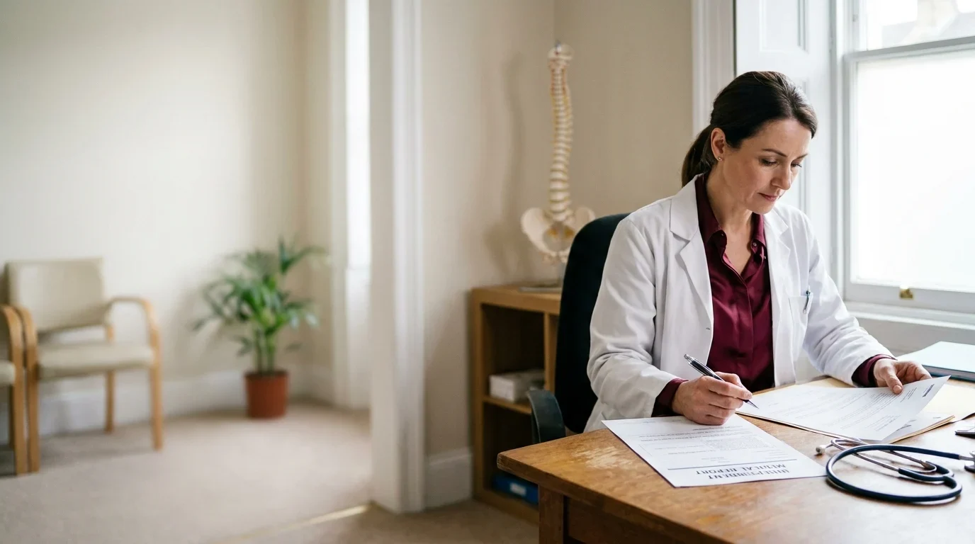 Medical expert reviewing a medical report at her desk before signing it