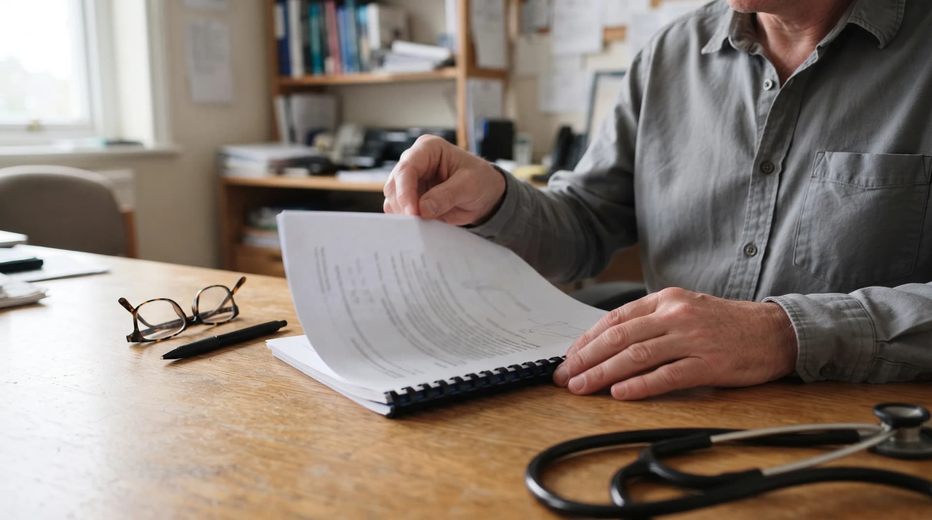 A doctor turning the page of a bound medical report prepared for a housing disrepair claim