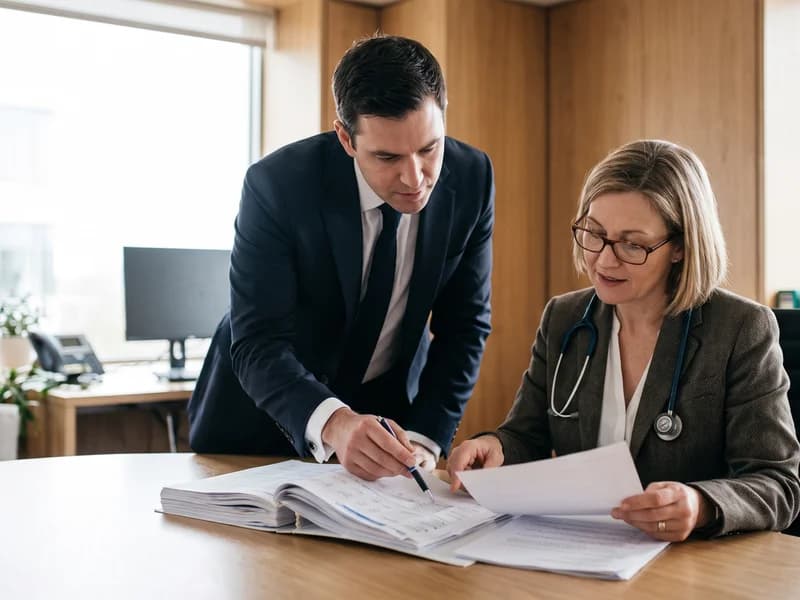 A UK solicitor and medical consultant reviewing a medico-legal report together