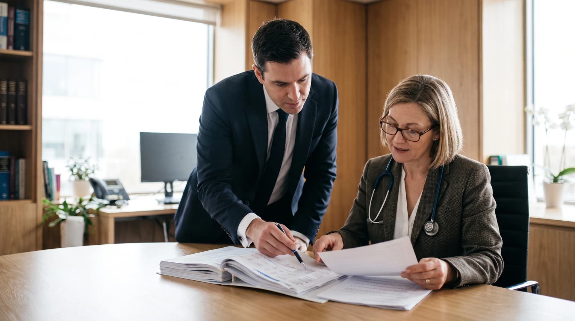 A UK solicitor and medical consultant reviewing a medico-legal report together