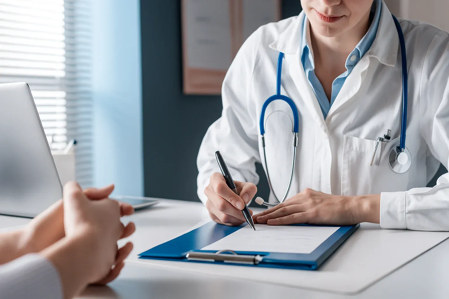 A clinician writing notes on a clipboard during a consultation