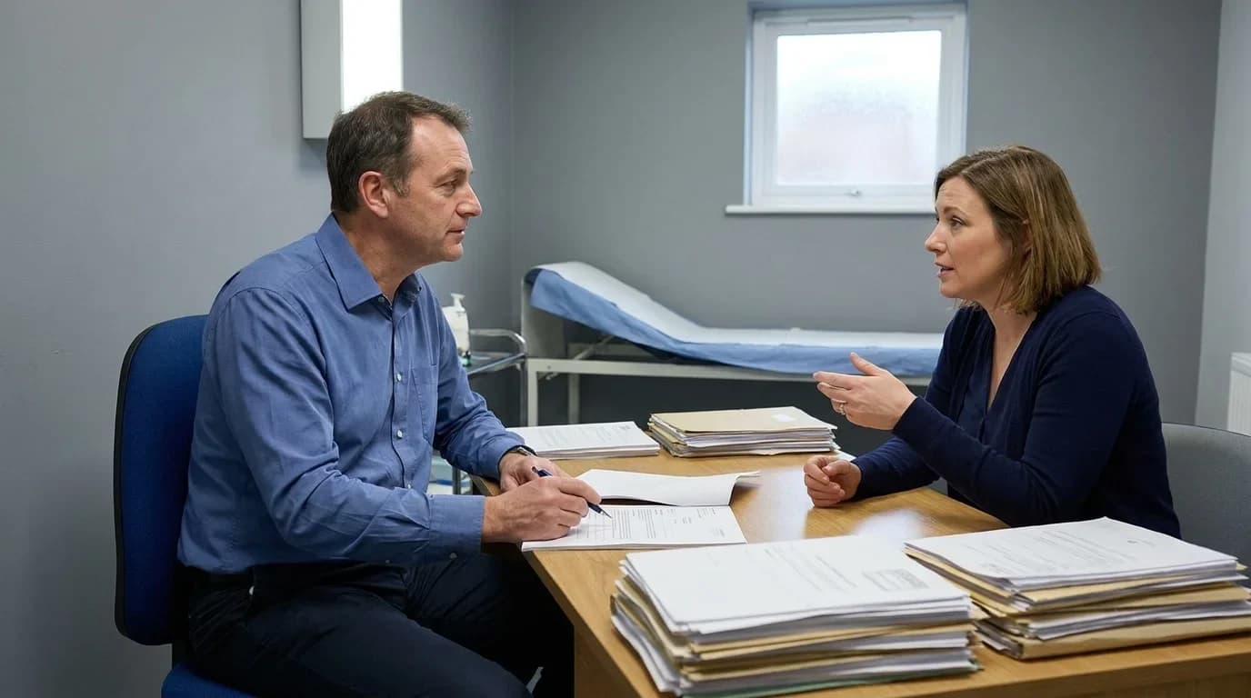 Two professionals discussing a medico-legal report instruction over case files