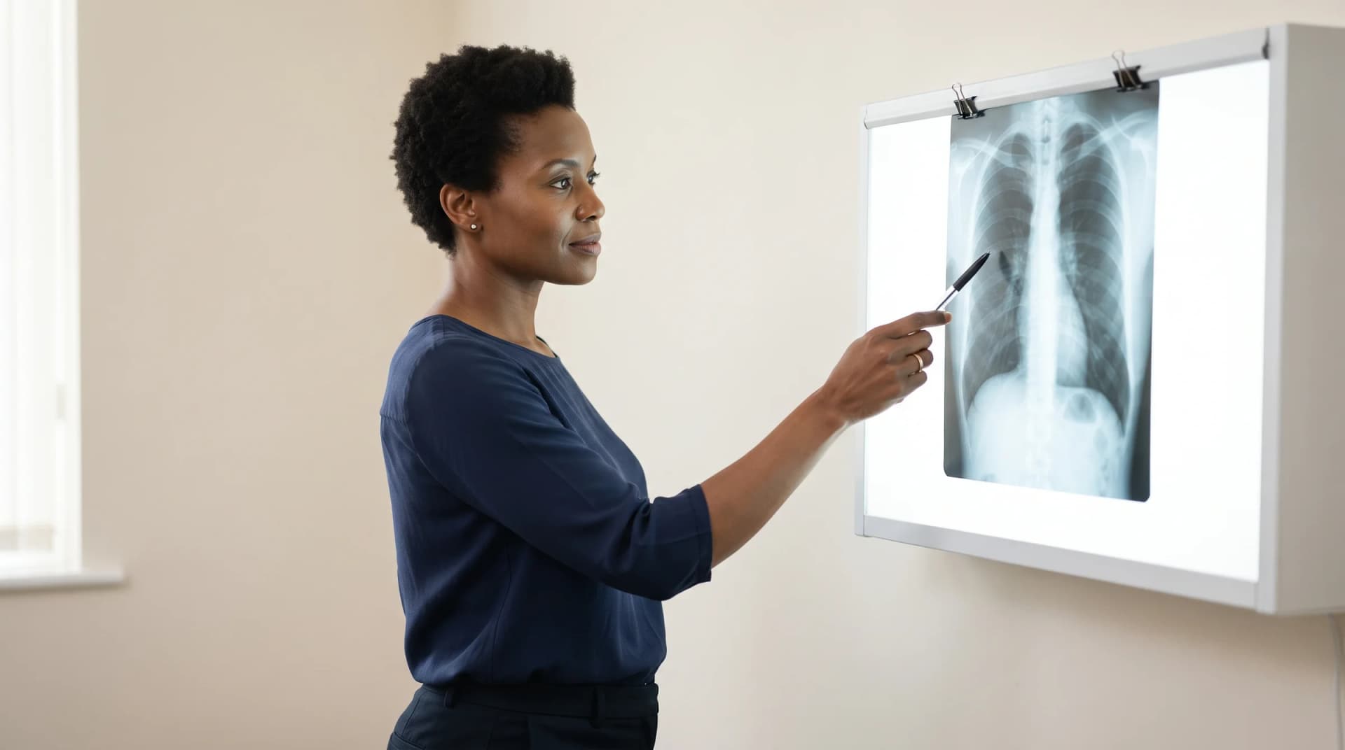 A respiratory consultant pointing to a chest X-ray on a light box while assessing lung disease linked to damp housing
