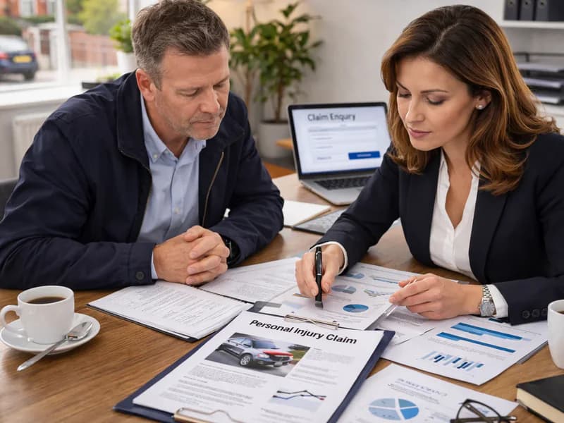 Two adults reviewing personal injury claim documents and charts at an office desk